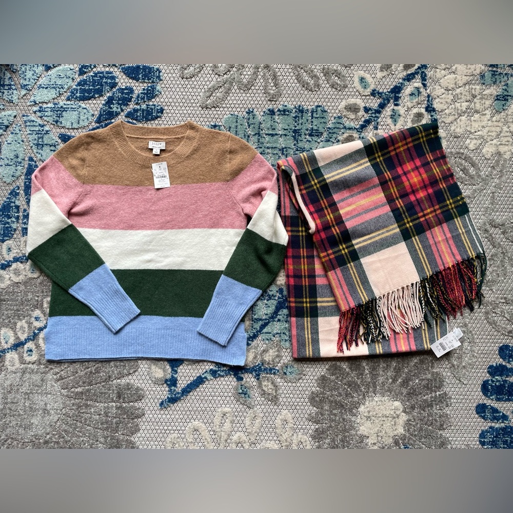 J.Crew jcrew Stripe Sweater Plaid Cape Scarf Wrap fringe SMALL Womens NEW shirt - Picture 4 of 13